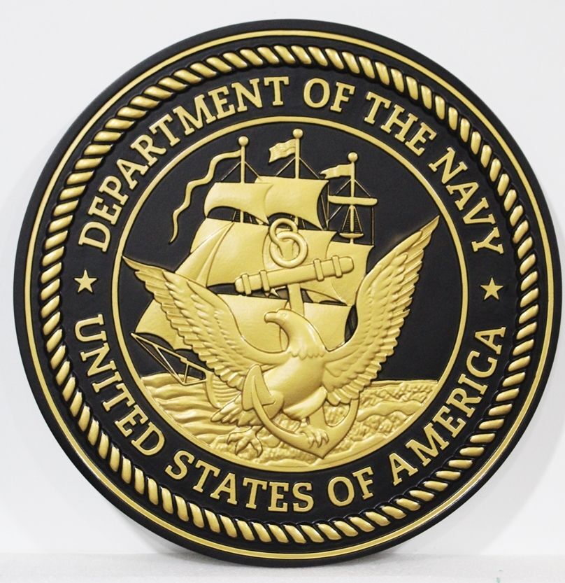 JP-1111 - Carved Plaque of the Great Seal of the US Navy, 3-D Painted Metallic Brass 