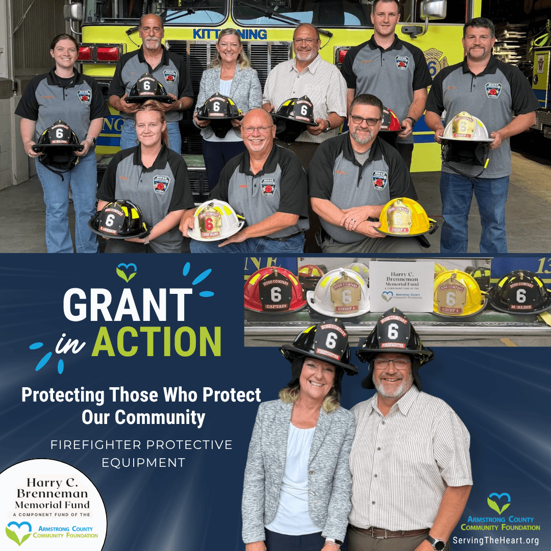 Firefighters from Hose Company 6 Kittanning pose with Armstrong County Community Foundation representatives after receiving grant funding for new protective equipment