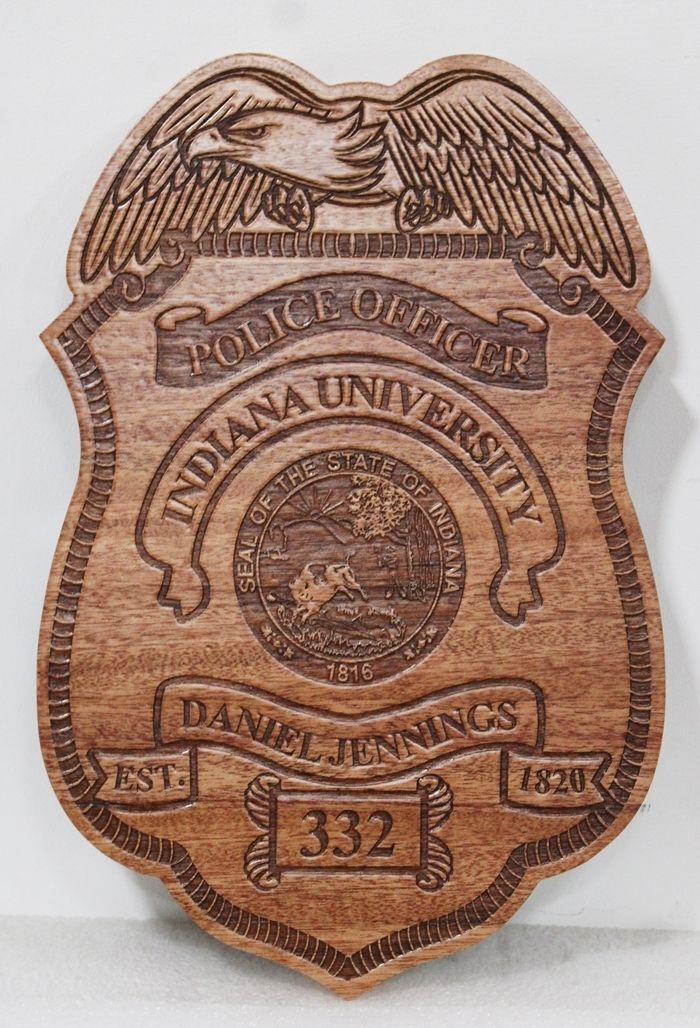 PP-1562 -  Engraved Mahogany Wall Plaque of a  Personalized Badge of a Police Officer of Indiana University