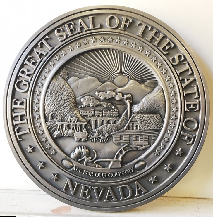 BP-1330 - Carved Plaque of the Great Seal of the State of Nevada,  3-D Bas-Relief, Plated with German Silver Metal 