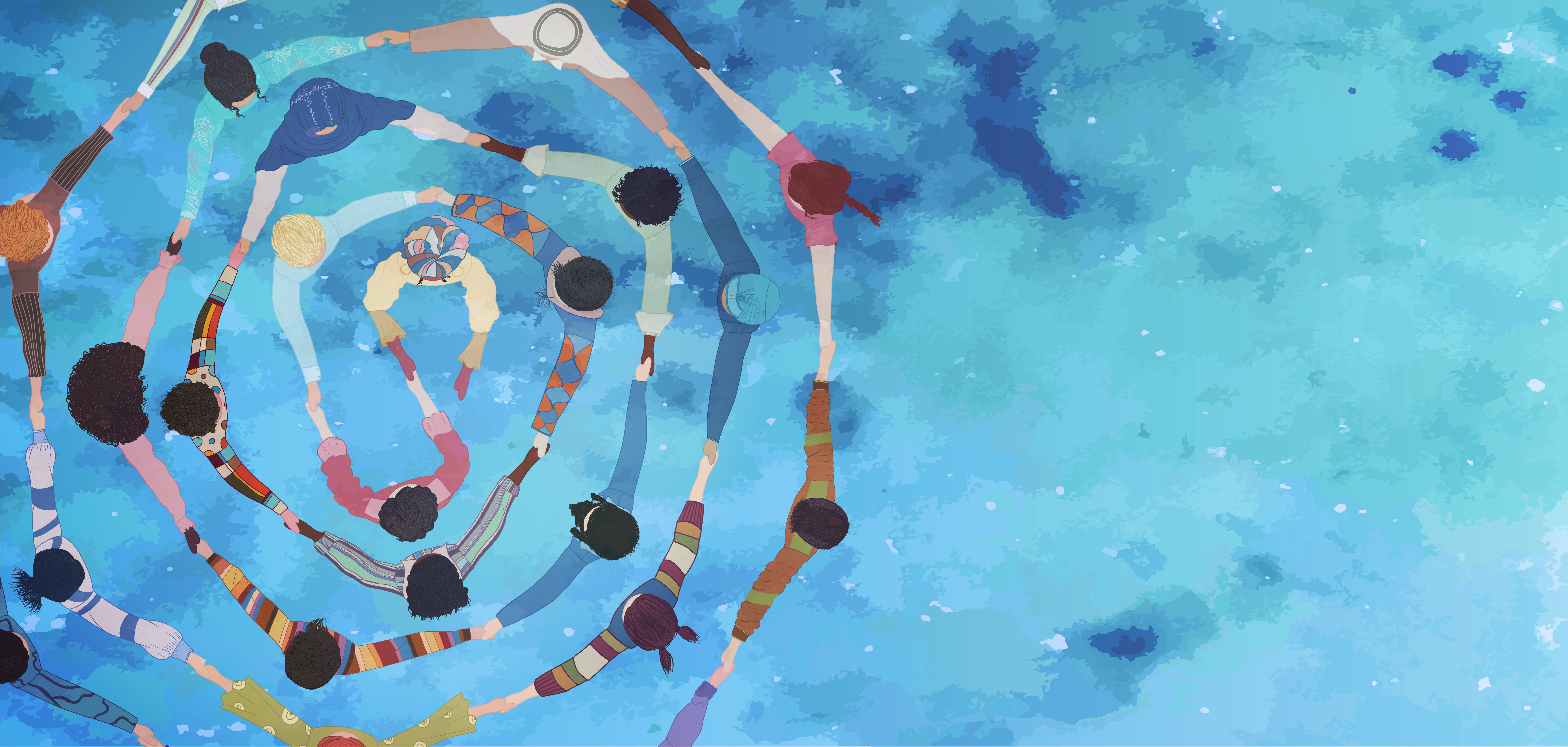 Spiral of people holding hands against blue background