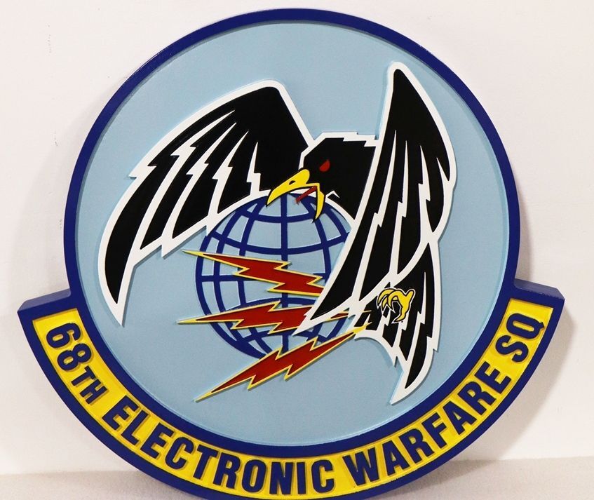LP-4127- Carved 2.5-D Multi-Level Raised Relief HDU Plaque of the Crest of the 68th Electronic Warfare Squadron (EWS)