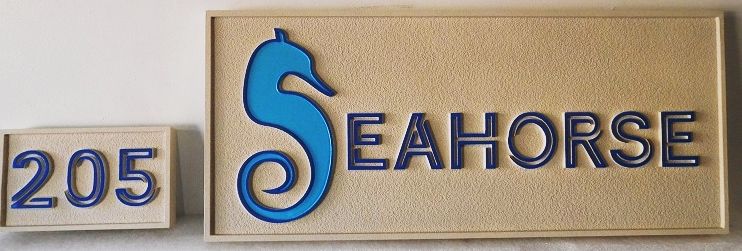 L21548 - Carved 2.5D Outline Relief and Sandblasted  Residence Address and Name Sign , "Seahorse",