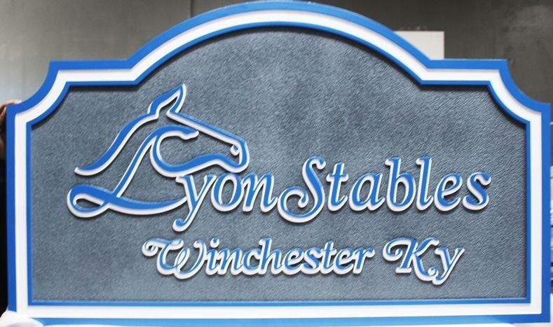 P25311- Carved 2.5-D and Sandblasted Entrance Sign for the "Lyon Stables - Winchester, Ky'" , with a Horse's Head as Artwork