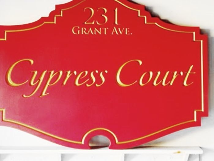 I18826 - Carved Wood Property Name and Address Sign, "Cypress Court"