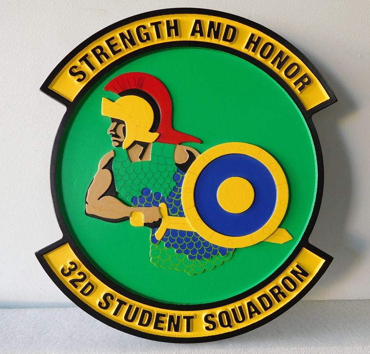 LP-5130 - Carved Round  Plaque of the Crest of the 32nd Student  Squadron, "Strength and Honor",  Artist Painted