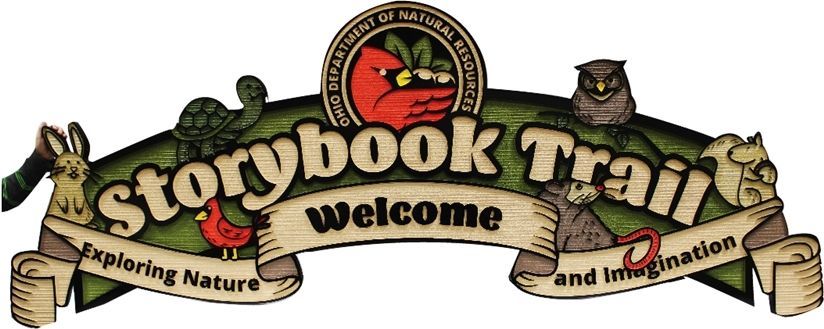 GA16432- Large Carved  2.5-D HDU Sign for the Storybook Trail, Ohio Department of Natural Resources, with a Squirrel, a Rabbit, a Cardinal Bird, an Owl, and and a Turtle  as Artwork.