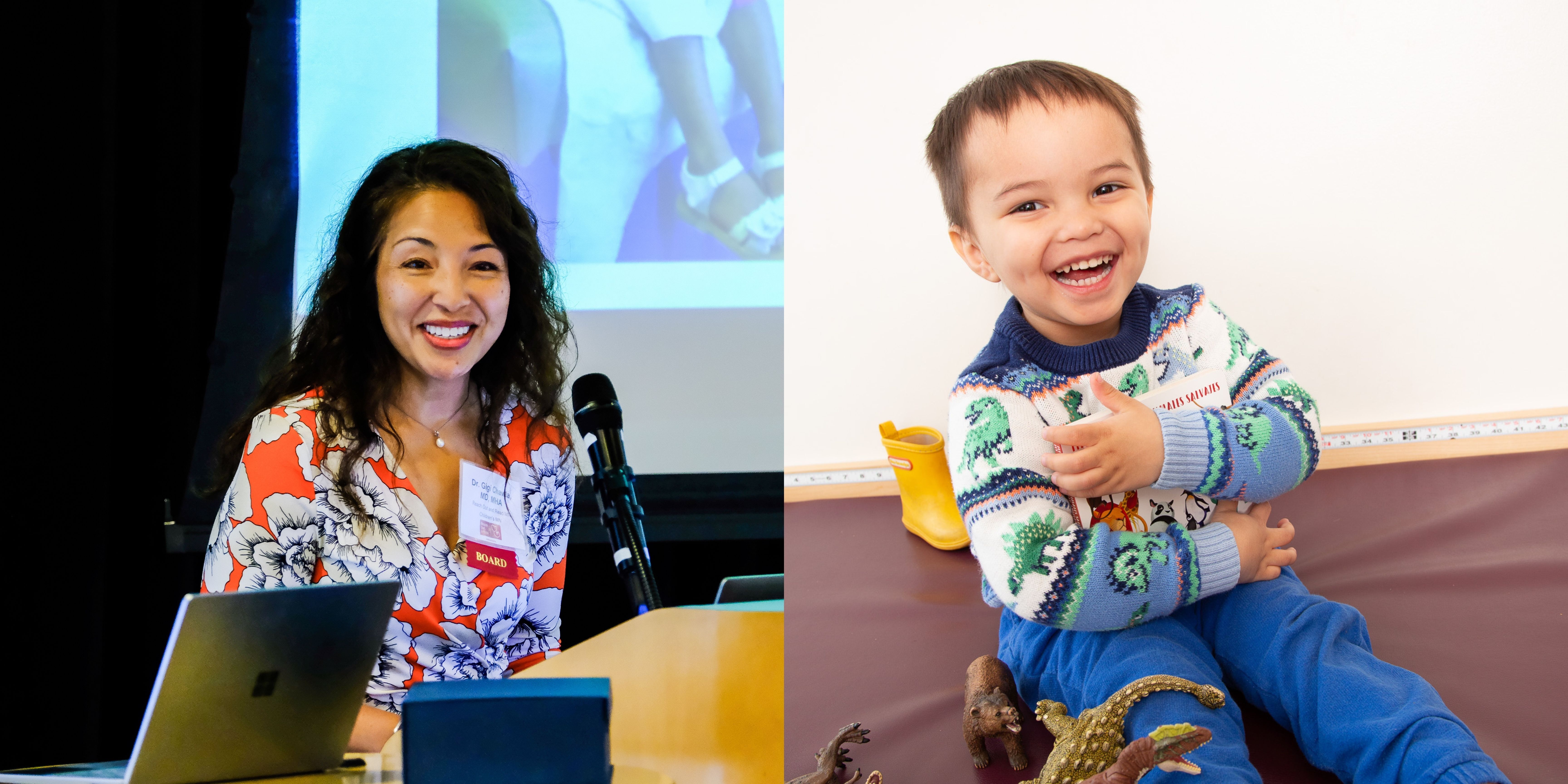Dr. Gigi Chawla speaks at podium, alongside a photo of a young boy smiling holding a dinosaur book