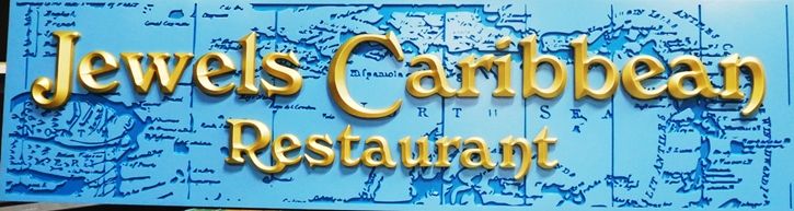 Q25116 -  3-D Sign for the "Jewels Caribbean Restaurant"   with Raised Prismatic Gold-Leaf  Letters