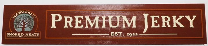 Q25676 - Carved and Sandblasted Mahogany Wood Sign for "Premium Jerky" , with Raised Text, Border and Tree Logo as Artwork