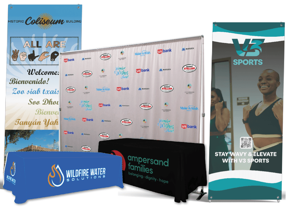 Trade show display materials including retractable banner, step and repeat banner, table throw and table cover