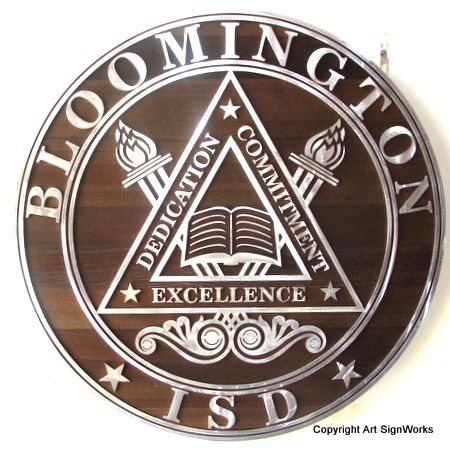 Y34720 - Carved 2.5-D  Flat-Relief Stained Cedar Wall Plaque of the Seal of the Bloomington Integrated School District, with Aluminum Overlay