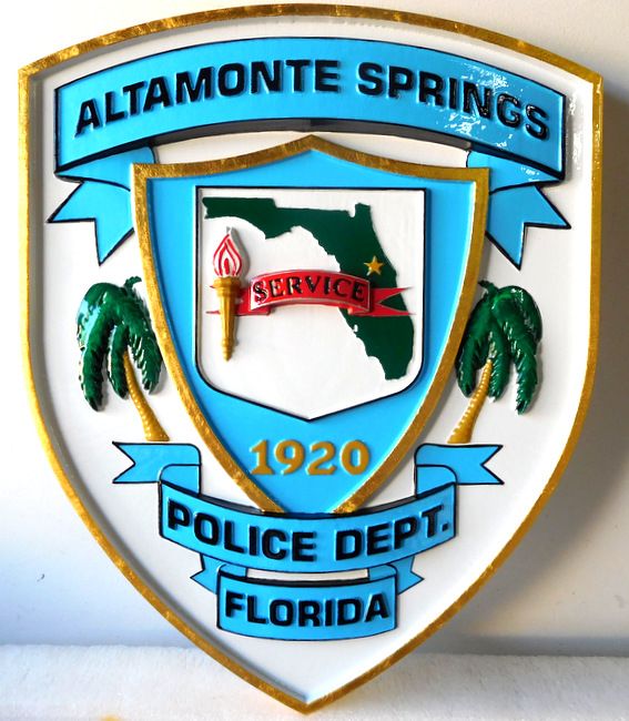 PP-2080 - Carved  Wall Plaque of the Shoulder Patch of the Altamonte Springs Police, Florida, Artist Painted