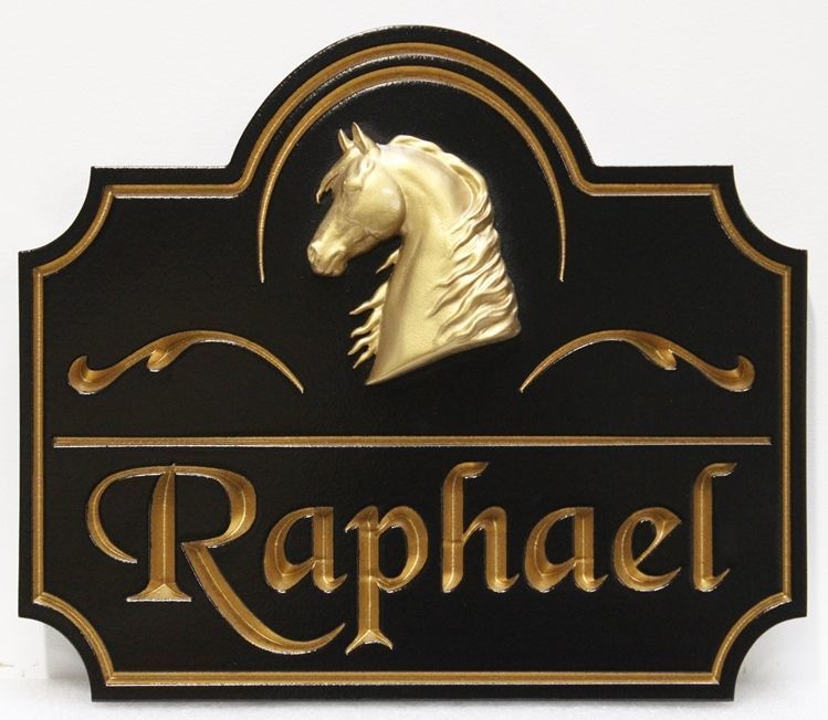 P25431 - Engraved HDU Stall Sign for "Raphael", with Carved 3-D Bas-relief Horse's Head and Text Gilded with 24K Gold-Leaf