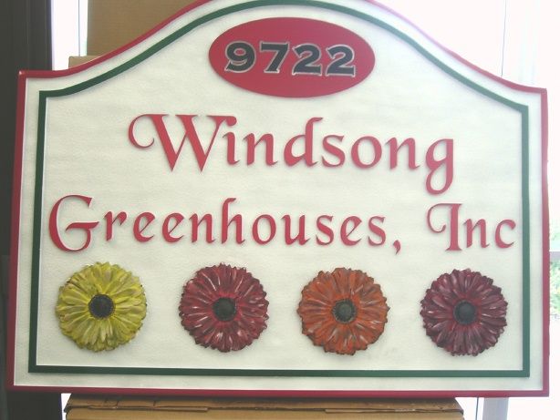O24748 - Sandblasted, Smoth HDU Sign for "Wingsong Greenhouse's, Inc." with Colorful  3D Zinnias