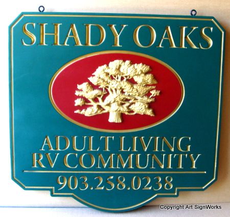 G16311 - RV Community Sign with Engraved Gold-Leaf Text & Golden Oak Carving
