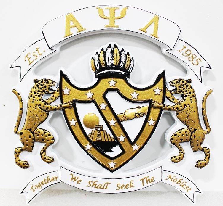 XP-3522 - Carved 2.5-D Multi-Level Raised Relief HDU Plaque of the Coat-of-Arms for Alpha Psi Lambda Fraternity, with Shield and Rampant Leopards