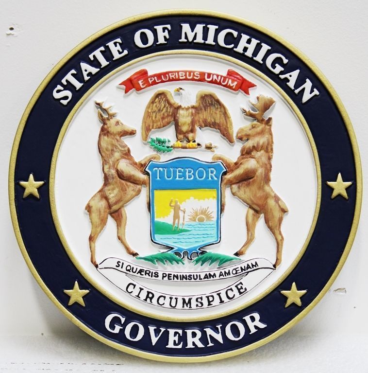 W32265 - Carved 3-D HDU Plaque of the Great Seal of the State of Michigan