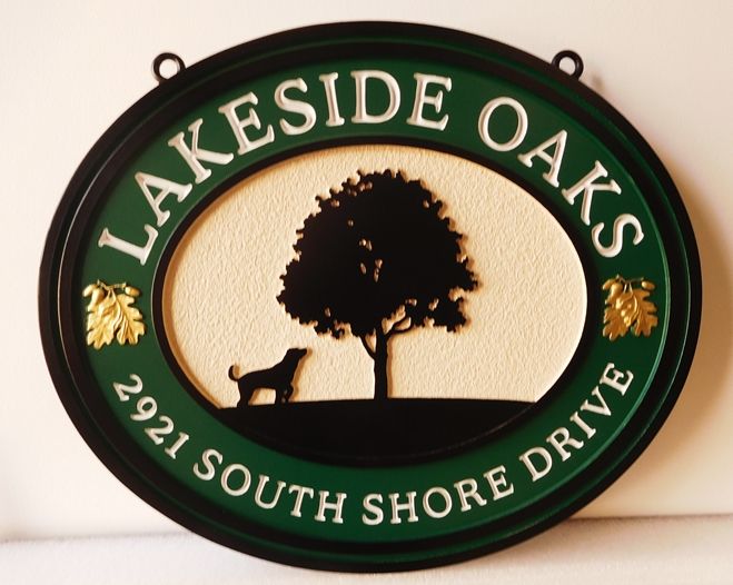 I18300 - Carved 2.5-D Property Address and Name  Sign, for a Residence ("Lakeside Oaks"), with Tree and Dog  as Artwork 
