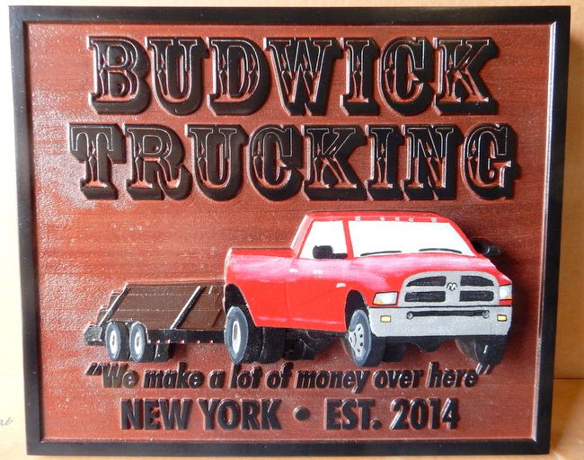 S28085 - Carved Cedar Sign for Trucking Company, with 3-D Pickup Truck as Artwork 