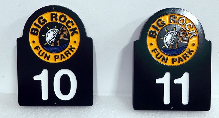 E14854- Carved HDPE Miniature Golf Hole Signs, for the Big Rock Fun Park