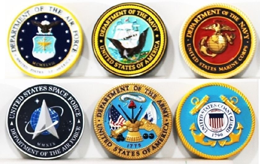 IP-1312 -  Set of Six Carved Plaques of the Seals of the Six Services- ,Air Force, Navy, Marines, Spac Force, Army & Coast Guard, Artist Painted