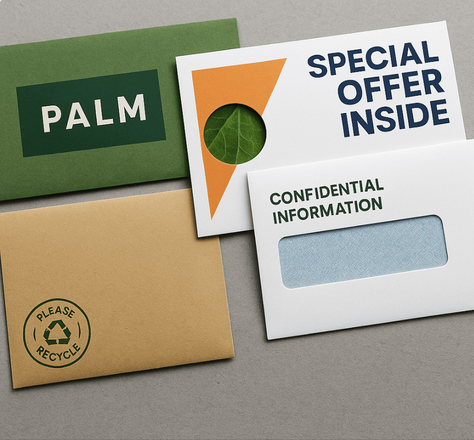 Modern direct mail envelopes featuring eco-friendly materials, security features, and bold custom designs for Palm Beach County businesses.
