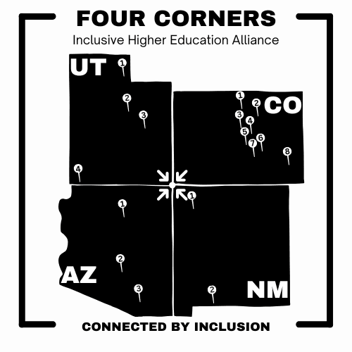 black and white map of 4 corners with pin drops indicating locations of inclusive higher education programs