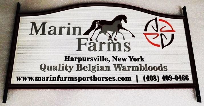 P25151 - Elegant Carved and Sandblasted HDU Sign for  "Marin Farms" with   two Belgium Warmblood Horses as Artwork
