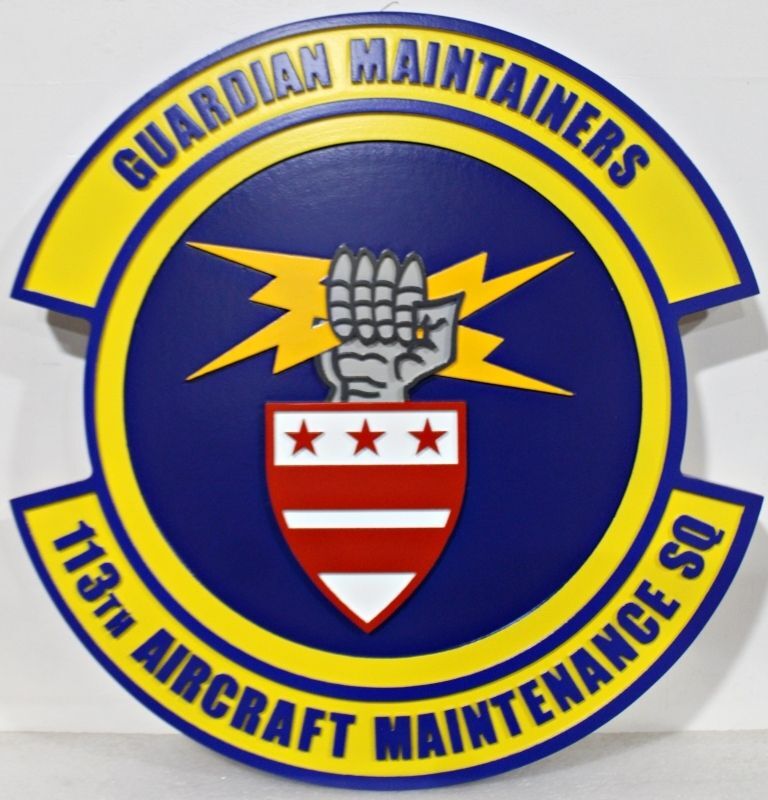 LP-7165 - Carved 2.5-D Multi-Level Raised Relief HDU Plaque of the 113th Aircraft Maintenance Squadron “Guardian Maintainers” Emblem Plaque