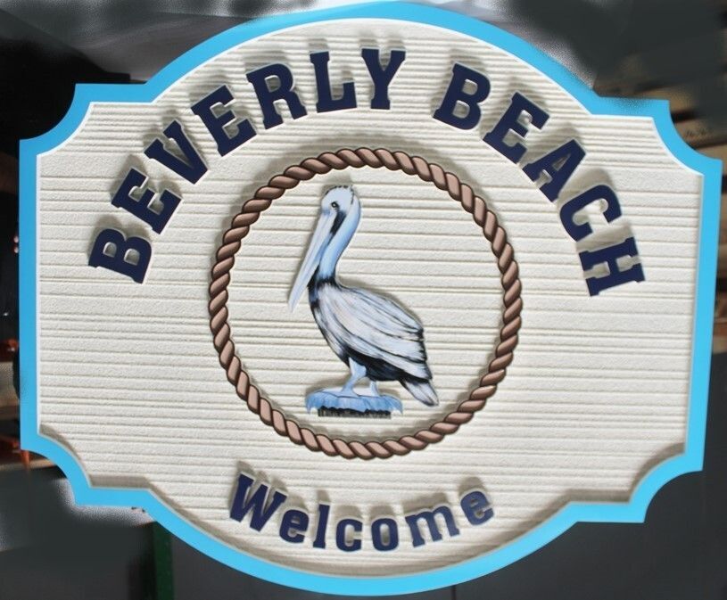 L21607A - Caved 2.5-D Multi-Level and Sandblasted  Address Sign, "Beverley Beach” , features a Standing Pelican