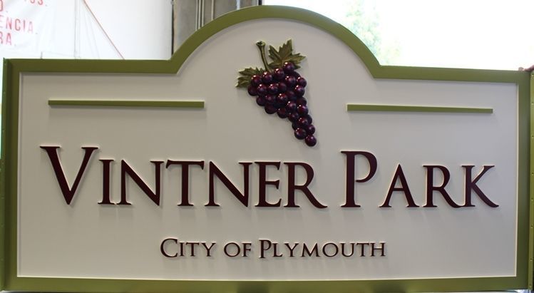 GA16442 - Carved High-Density-Urethane (HDU)  Entrance Sign  for Vintner   Park, City of Plymouth, California, with Grape Cluster as Artwork