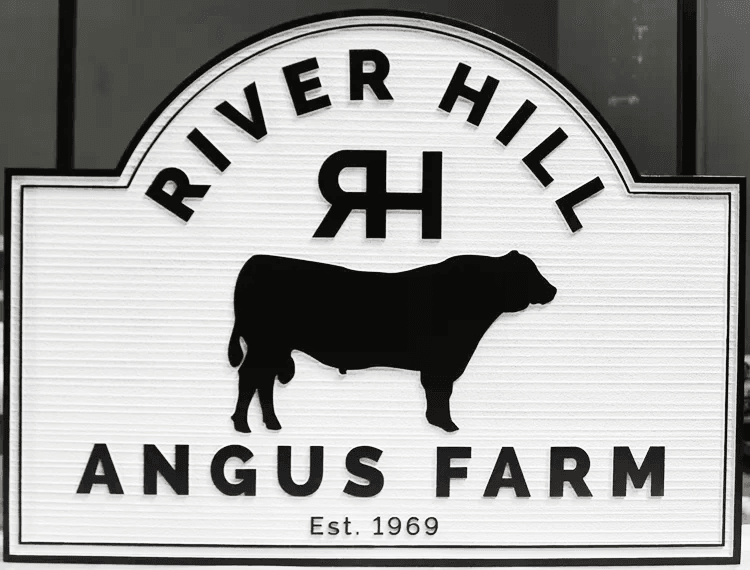 O24114 - Carved and Sandblasted Wood Grain  Entrance Sign for River Hill Angus Farm, with Angus Bull as Artwork