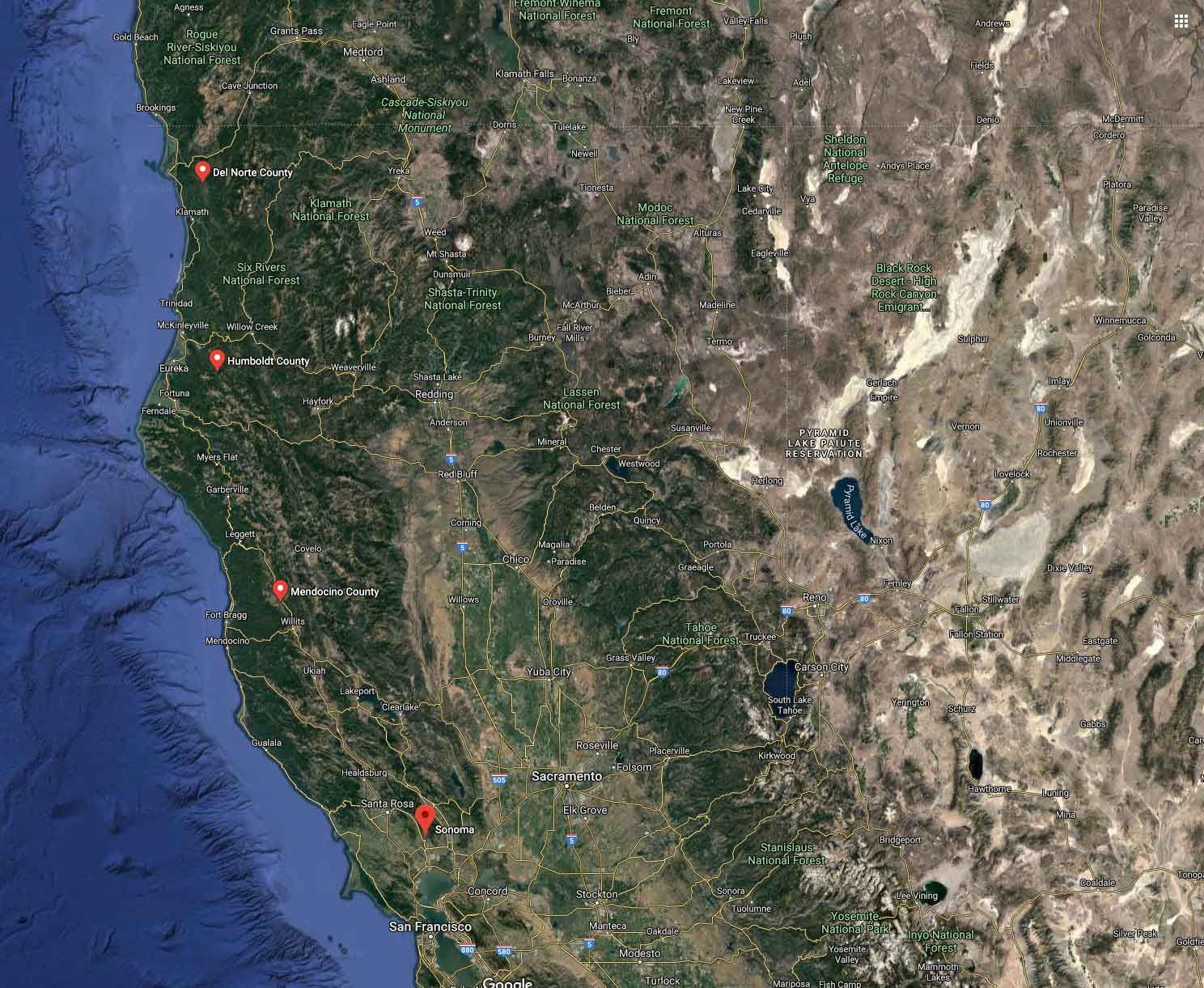 Map showing Redwood Empire Food Bank counties served: Sonoma County, Lake County, Mendocino County, Humboldt County, Del Norte County