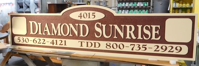  K20214 - Carved HDU Entrance Sign for the "Diamond Sunrise"  Apartment Complex., 2.5D Sandblasted Background