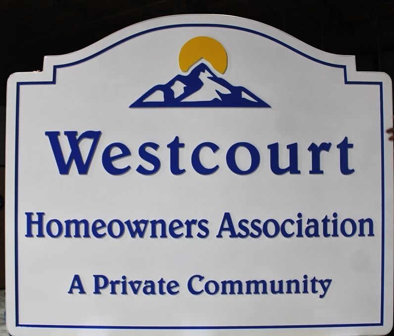 K20530 - Carved High-Density-Urethane (HDU)  Entrance Sign for the " Westcourt Homeowners Association " , with Stylized Mountain as  Artwork 