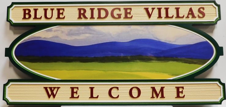 K20349 - Carved HDU Entrance Sign  for the "Blue Ridge Villa "Residential Community, with Wood Grain Sandblasted Background