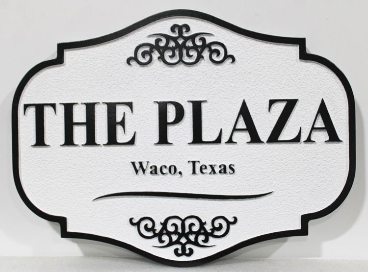 I18109 - Carved HDU Entrance Sign for the "The Plaza" Residence in Waco, Texas.