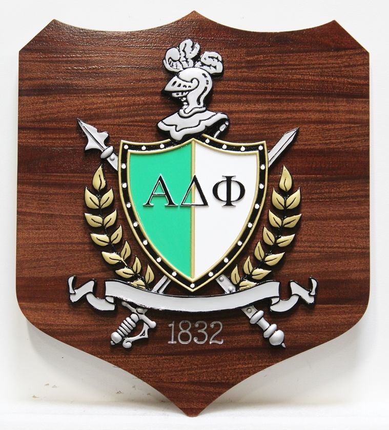 XP-2130 - Carved Coat-of-Arms for the Alpha Delta Phi Fraternity  Mounted on a Mahogany Shield  