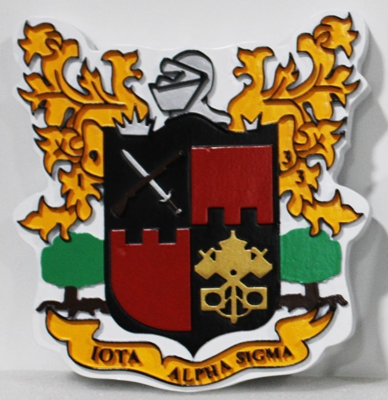 XP-3515- Carved 2.5-D Raised Relief HDU Plaque of the Coat-of-Arms for the Iota Alpha Signa Fraternity  with a Shield  and Helmet