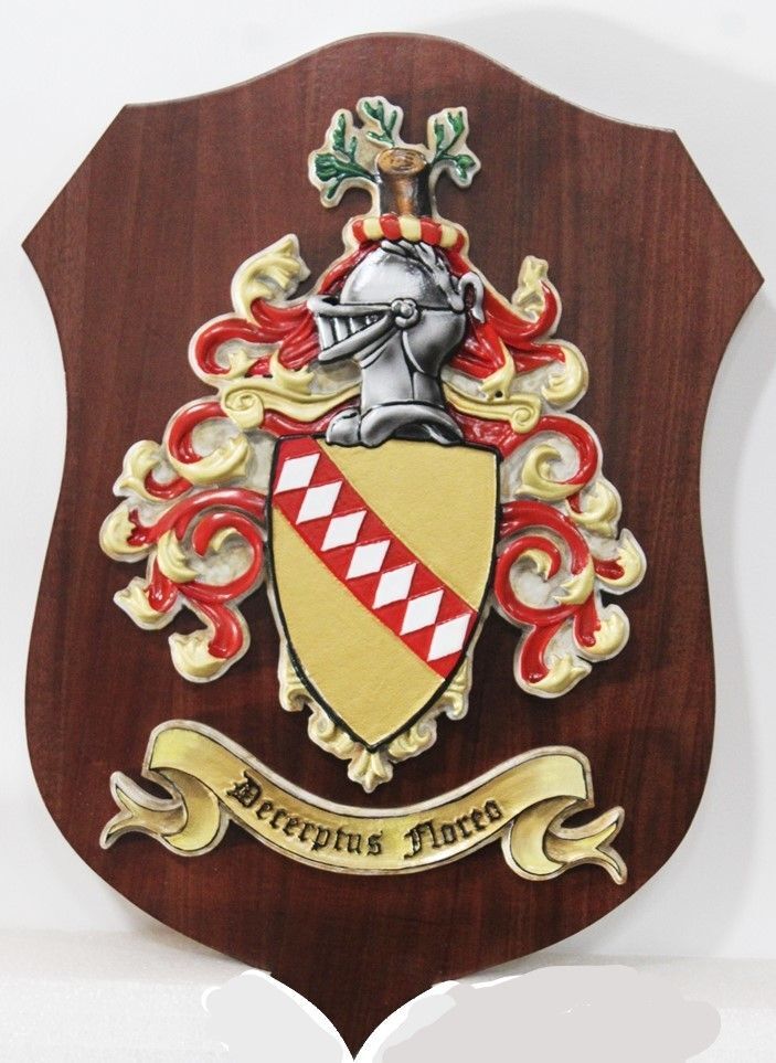 XP-2007 - Carved 3-D Plaque of Coat of Arms with Tree, Helmet and Shield  