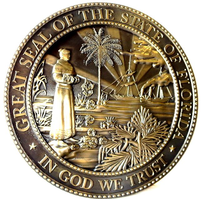 W32117 -Brass Bas-Relief Wall Plaque of the Seal of Florida