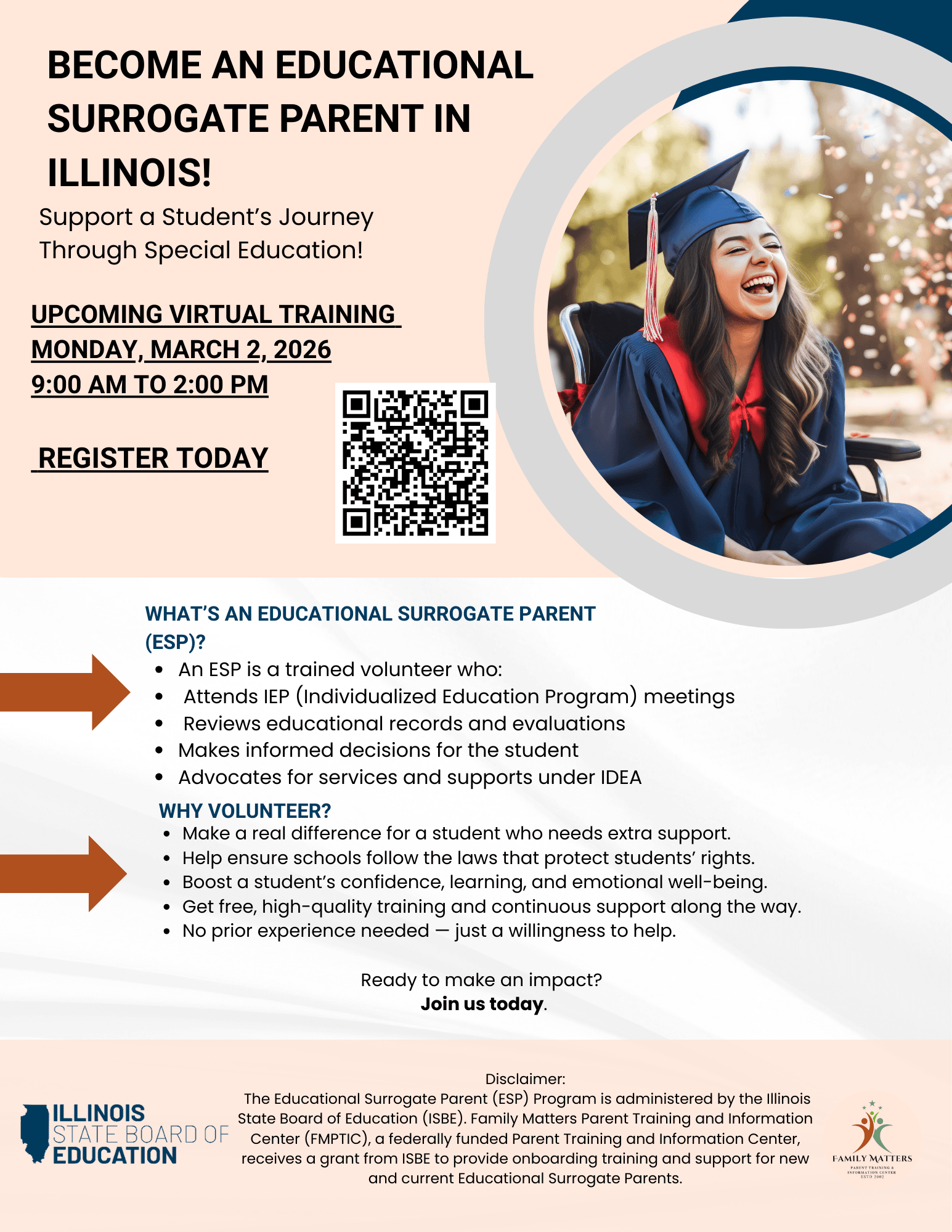 Flyer promoting Educational Surrogate Parent volunteer training in Illinois. Headline reads “Become an Educational Surrogate Parent in Illinois! Support a student’s journey through special education.” Details list an upcoming virtual training on Monday, M