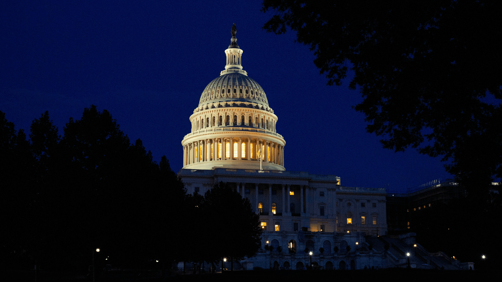 Exterior view of the U.S. capitol building at night