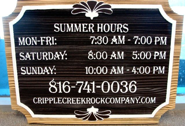 SA28553 -  Sandblasted Redwood Sign for the  "Cripple Creek Rock Company" with its Hours