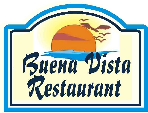 Q25160 - Design of Carved Wood  Sign for Oceanside Restaurant with Ocean, Sun and Seagulls