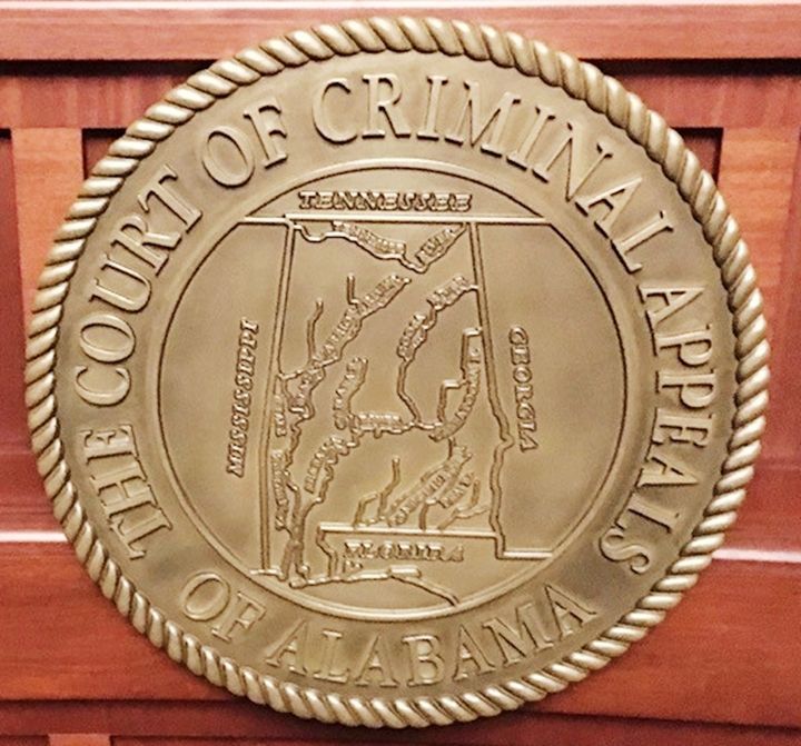 GP-1002- Carved 3-D  Plaque of the Seal of the Court of Criminal Appeals, State of Alabama, Brass -Plated
