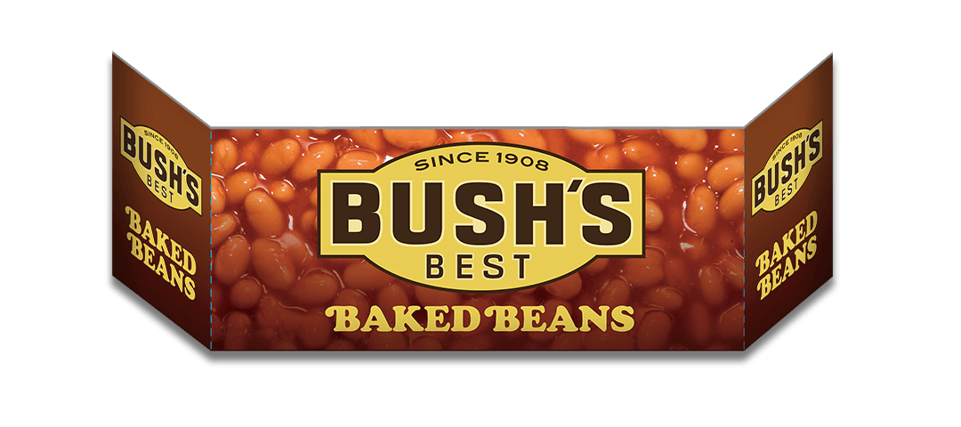 Printed cardboard grocery aisle end cap showing BUSH'S Best Baked Beans logo on background photo of baked beans