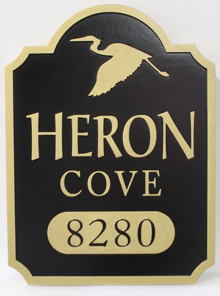 I18519A  - Carved HDU Property Name and Address Sign for the "Heron Cove" Residence