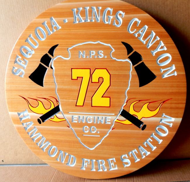 QP-3120 - Carved Wall Plaque of  the Seal/Emblem  of the Sequoia-Kings Canyon  Fire Station, California,  Cedar Wood